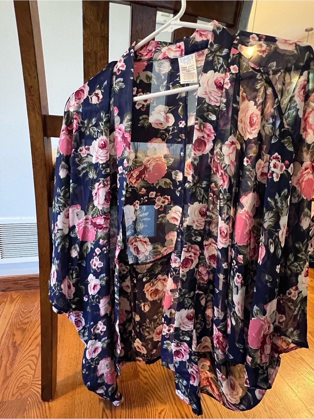 Time and Tru Navy Sheer Floral Kimono with Pink Roses